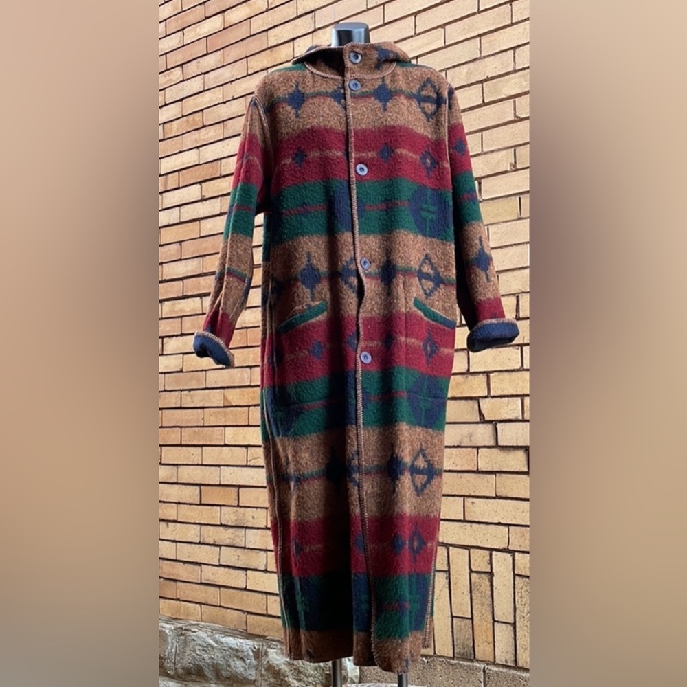 Vintage Woolrich Aztec blanket Hooded Wool Reversible Long Coat Size Large
